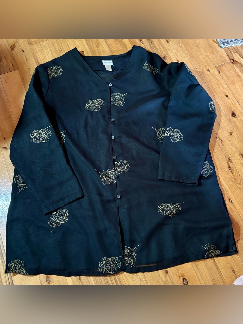 VTG Together Chiffon Overlay Button-up Tunic Top/Topper Black w/Gold Roses 3X